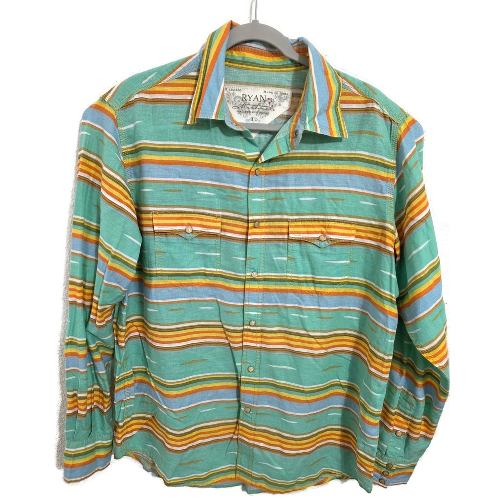 Ryan Michael Shirt Mens Large Green Stripe Long Sleeve Snap Western Linen Aztec